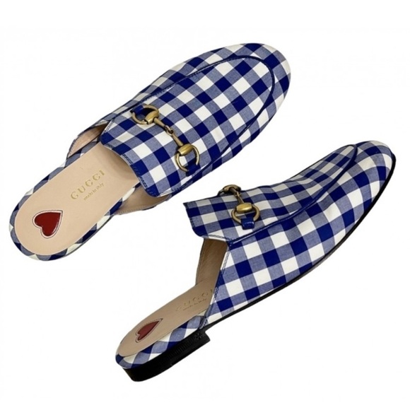 Gucci Horsebit Princetown White Blue Plaid Gingham Loafer Mules - Picture 1 of 8